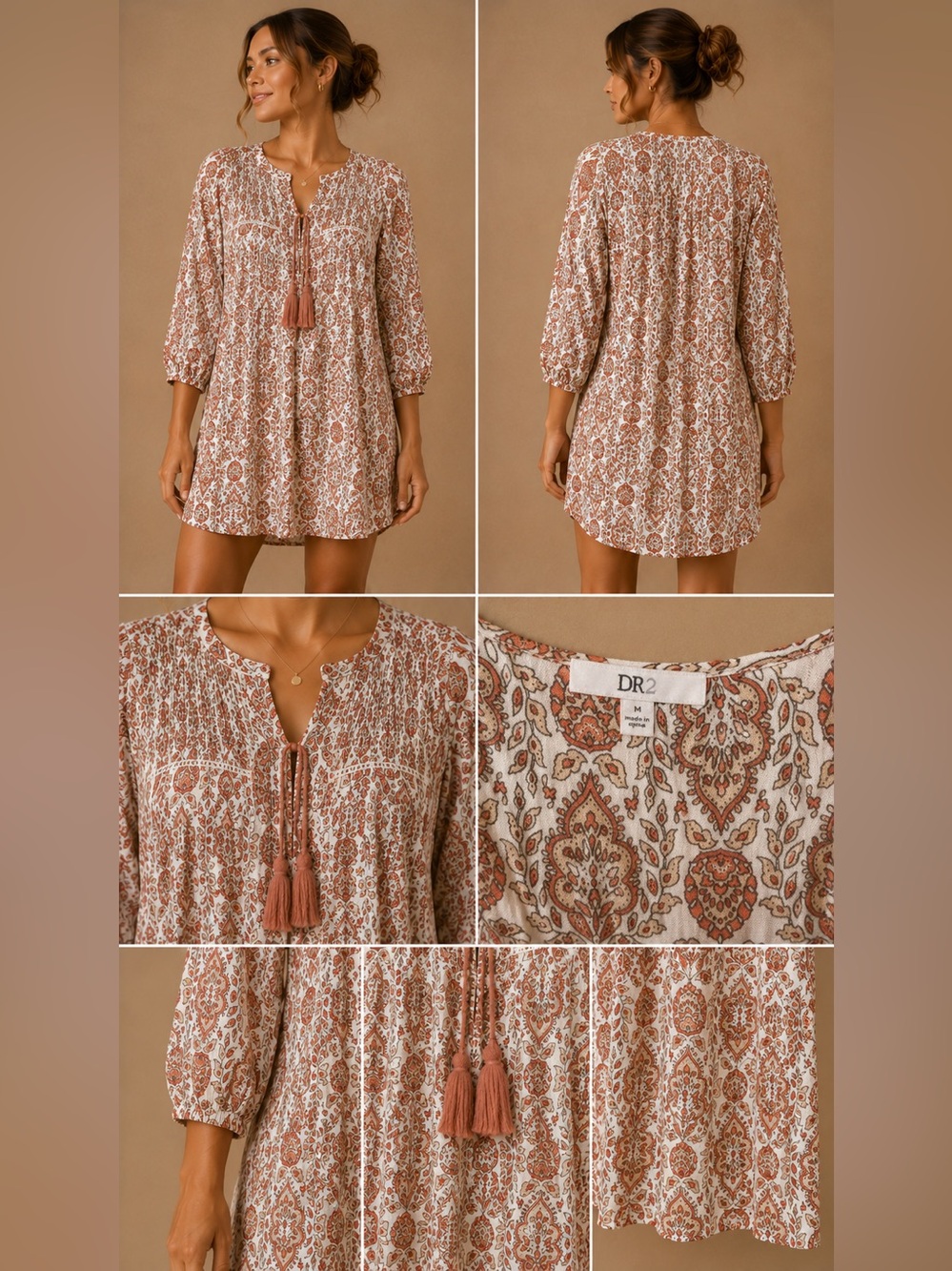 DR2 Paisley V-Neck 3/4 Sleeve Gauze Mini Dress Tunic Cream Pink Size Medium